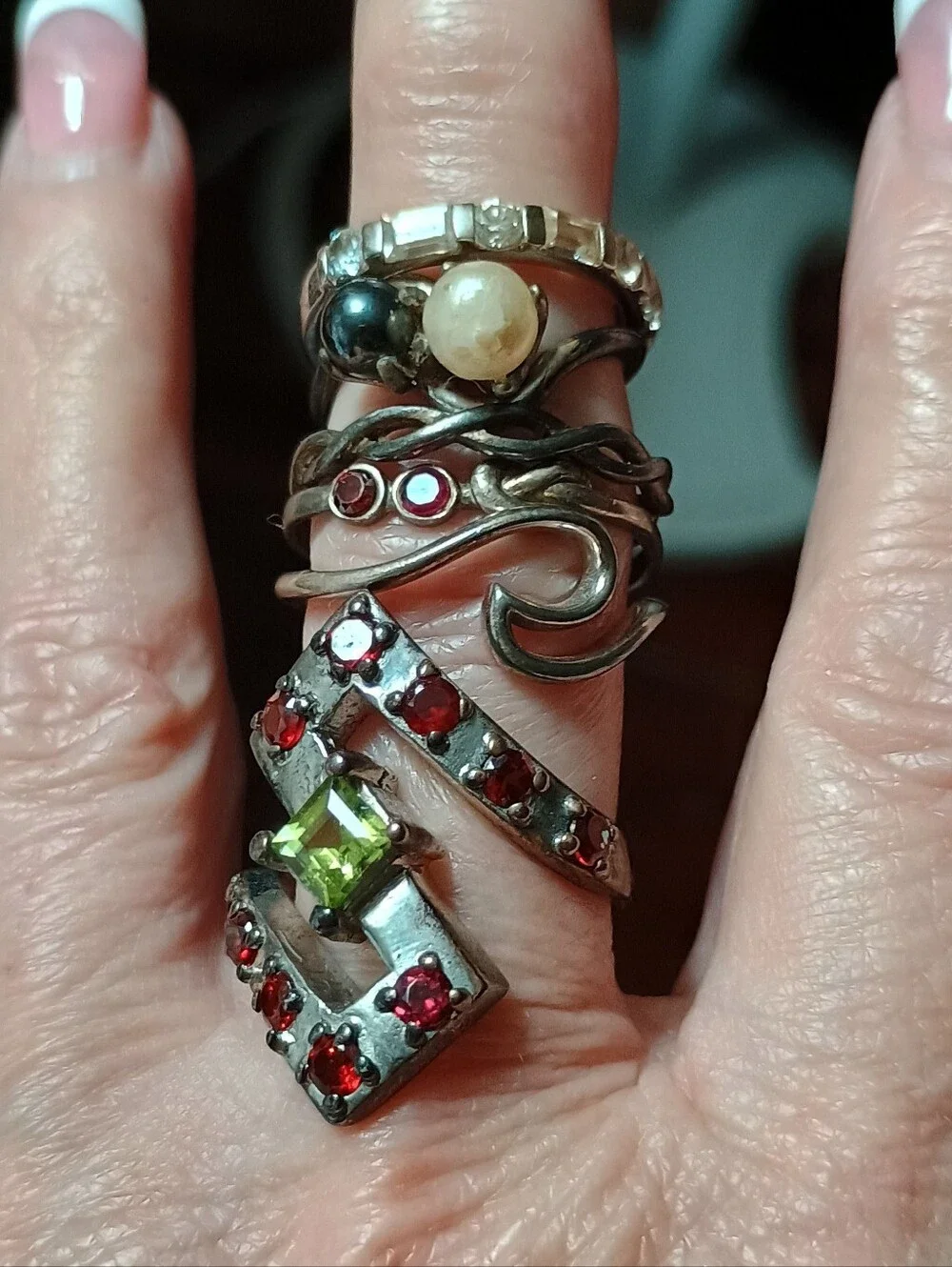Vintage 925 Stackable Silver Rings with Red and Green Gem Accents -Sizes 5 To 9